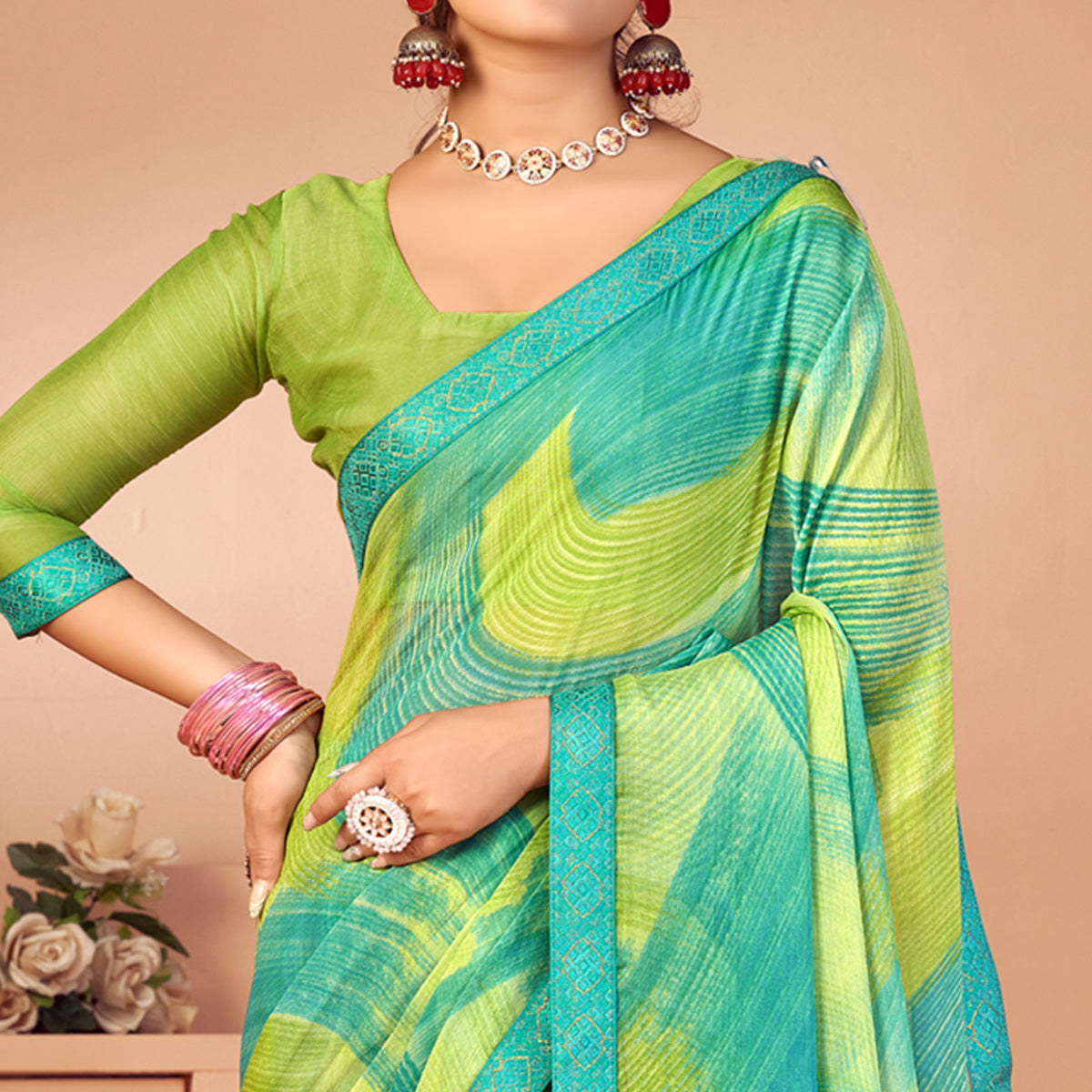 Green & Turquoise Printed Chiffon Saree With Lace Border