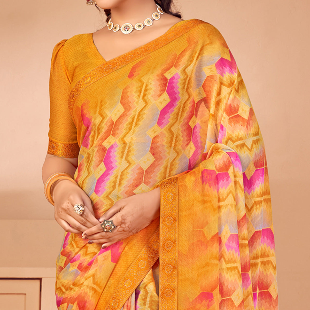 Mustard Printed Chiffon Saree With Lace Border