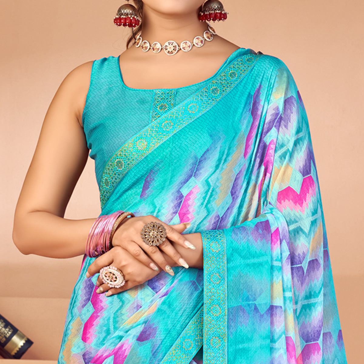 Blue Printed Chiffon Saree With Lace Border