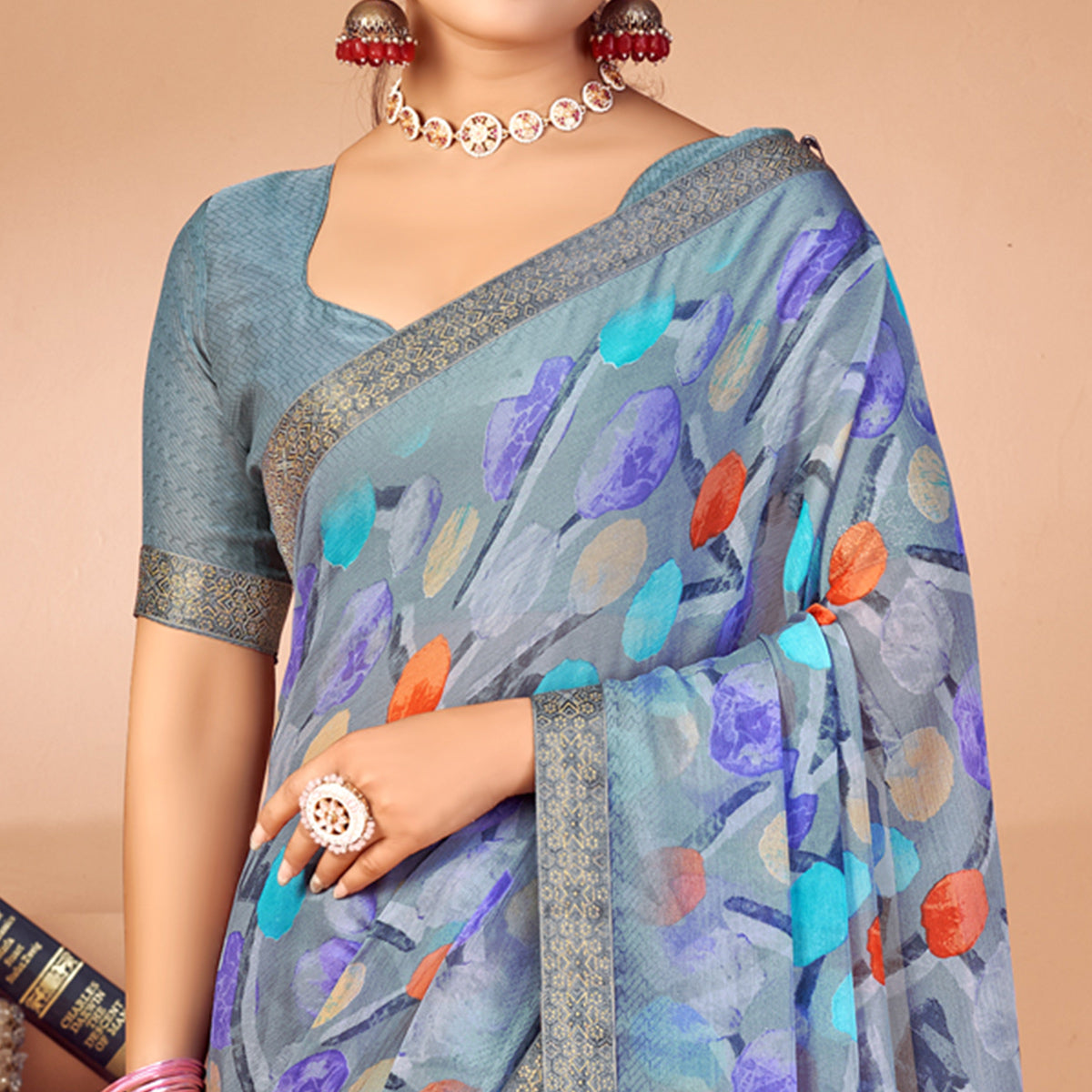 Grey Printed Chiffon Saree With Lace Border