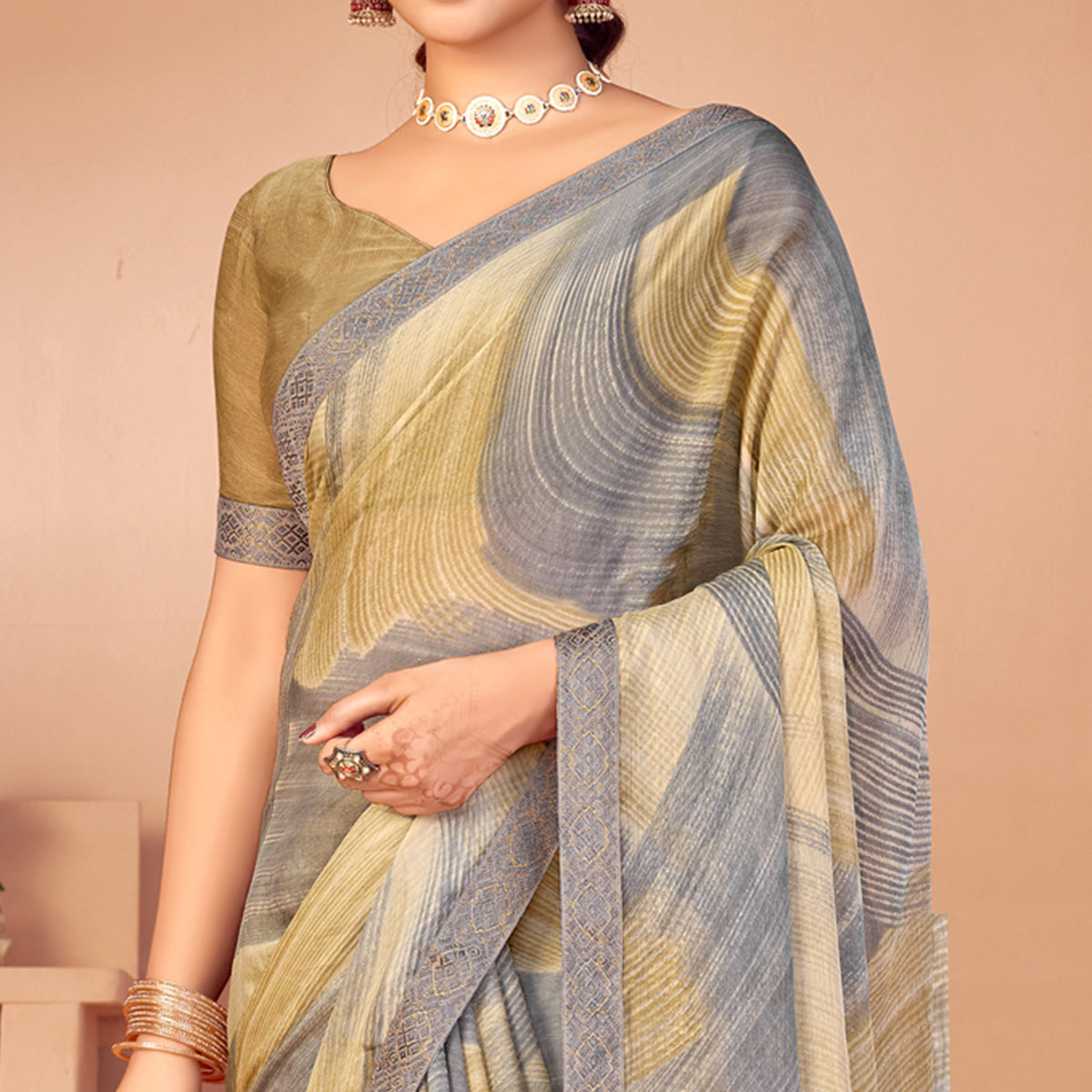 Grey & Beige Printed Chiffon Saree With Lace Border