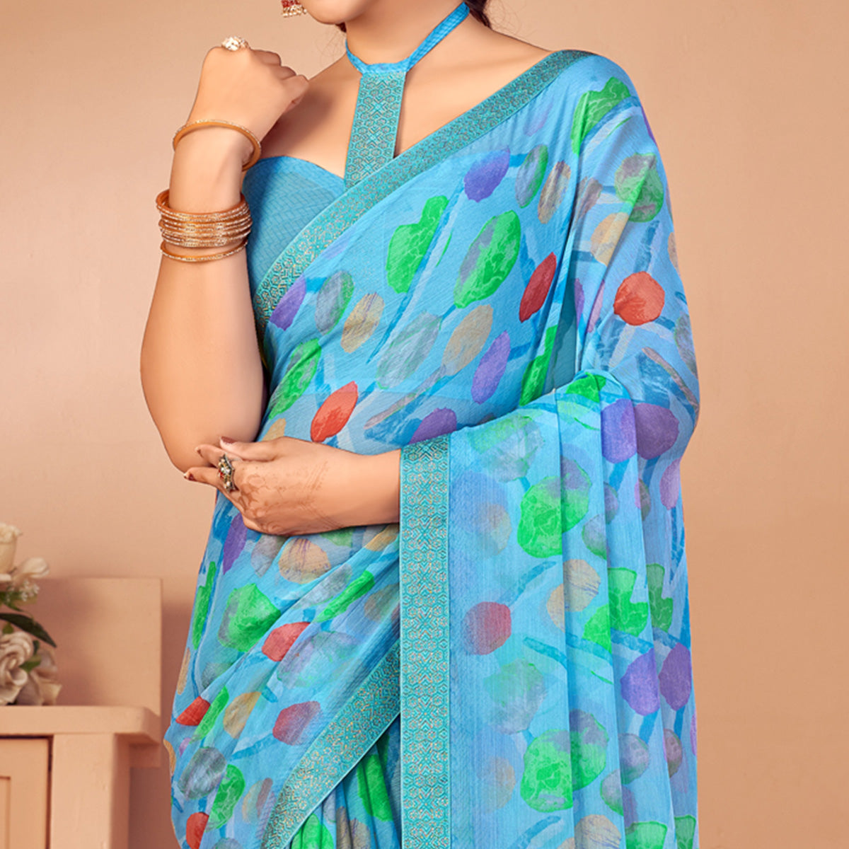 Blue Printed Chiffon Saree With Lace Border