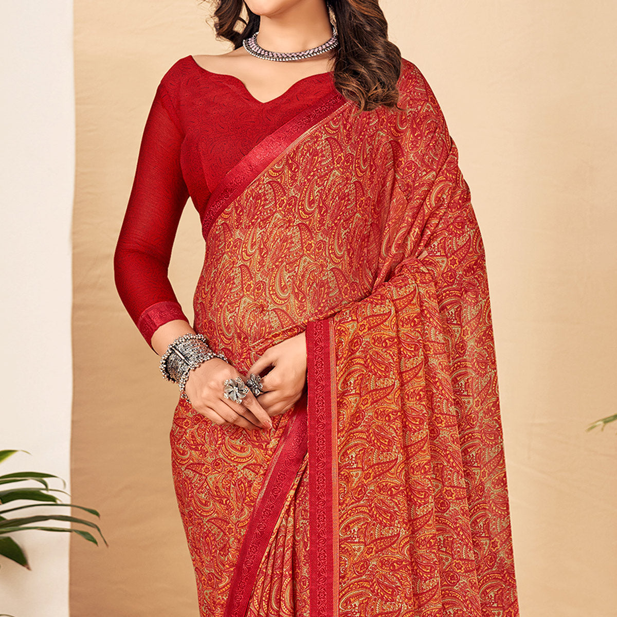 Red Floral Printed Chiffon Saree With Lace Border