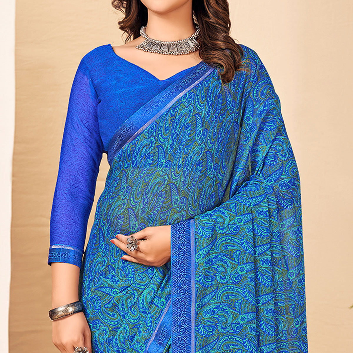 Blue Floral Printed Chiffon Saree With Lace Border