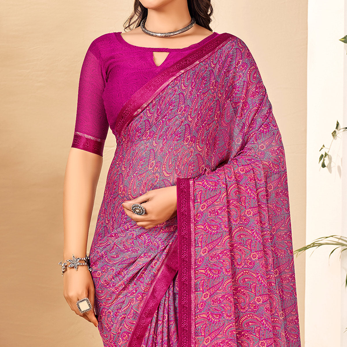 Magenta Floral Printed Chiffon Saree With Lace Border