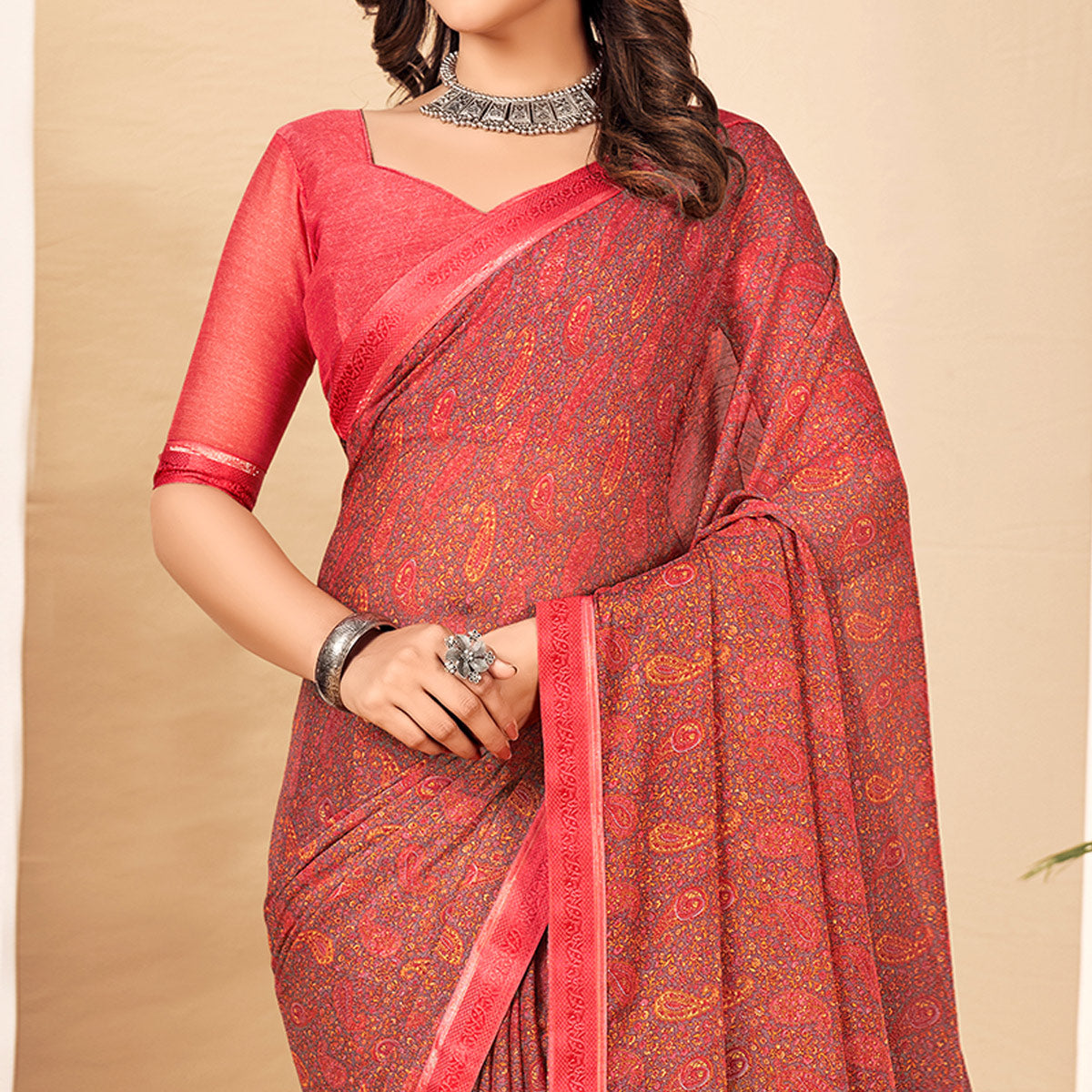 Gajari Pink Floral Printed Chiffon Saree With Lace Border