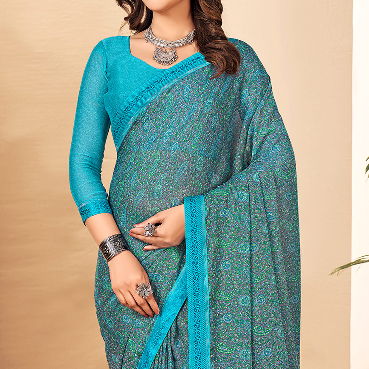 Sky Blue Floral Printed Chiffon Saree With Lace Border