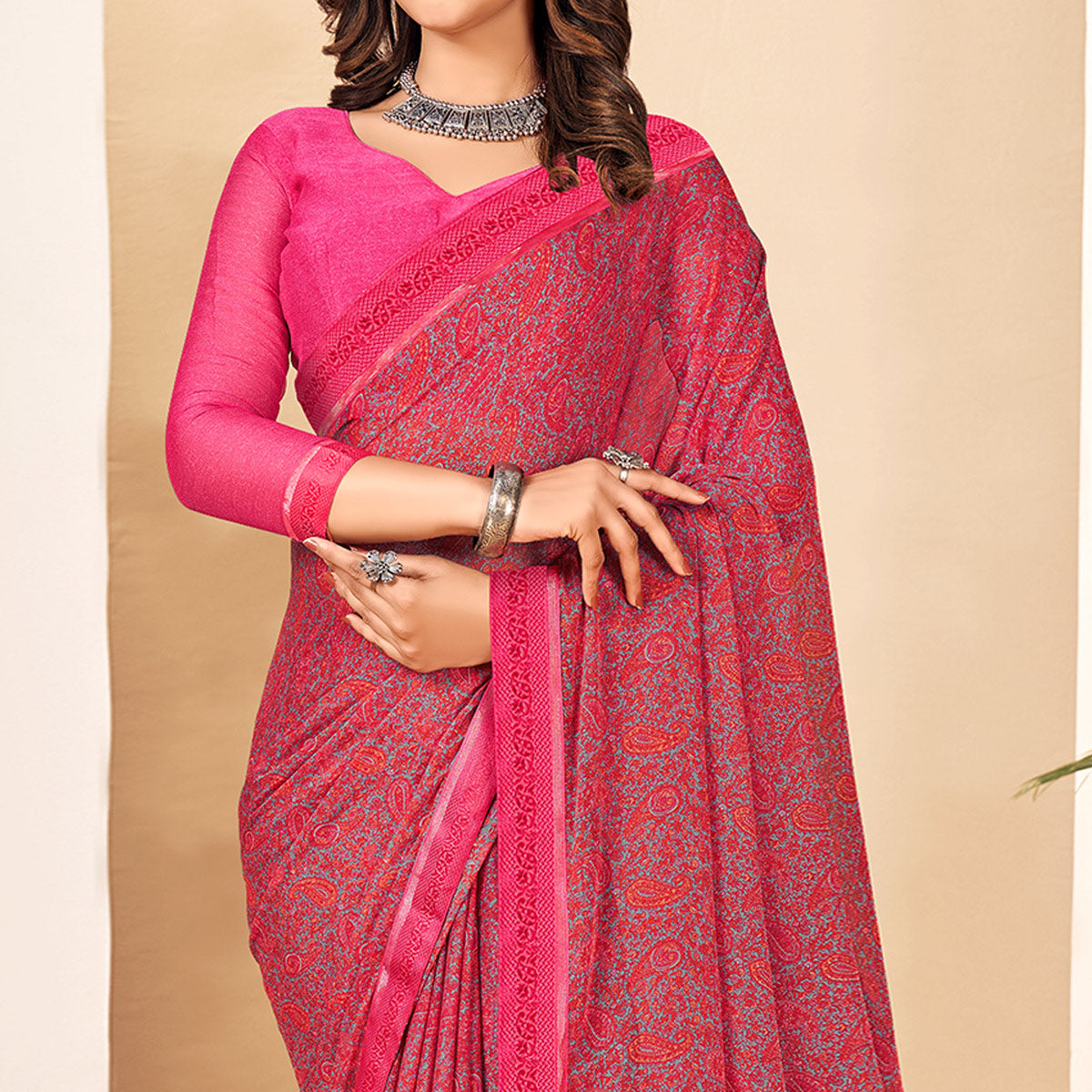 Pink Floral Printed Chiffon Saree With Lace Border