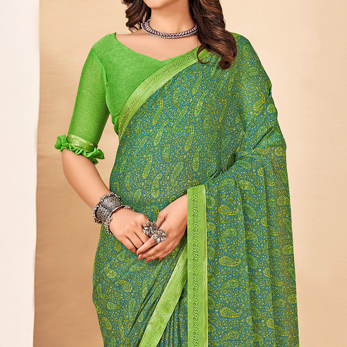 Green Floral Printed Chiffon Saree With Lace Border