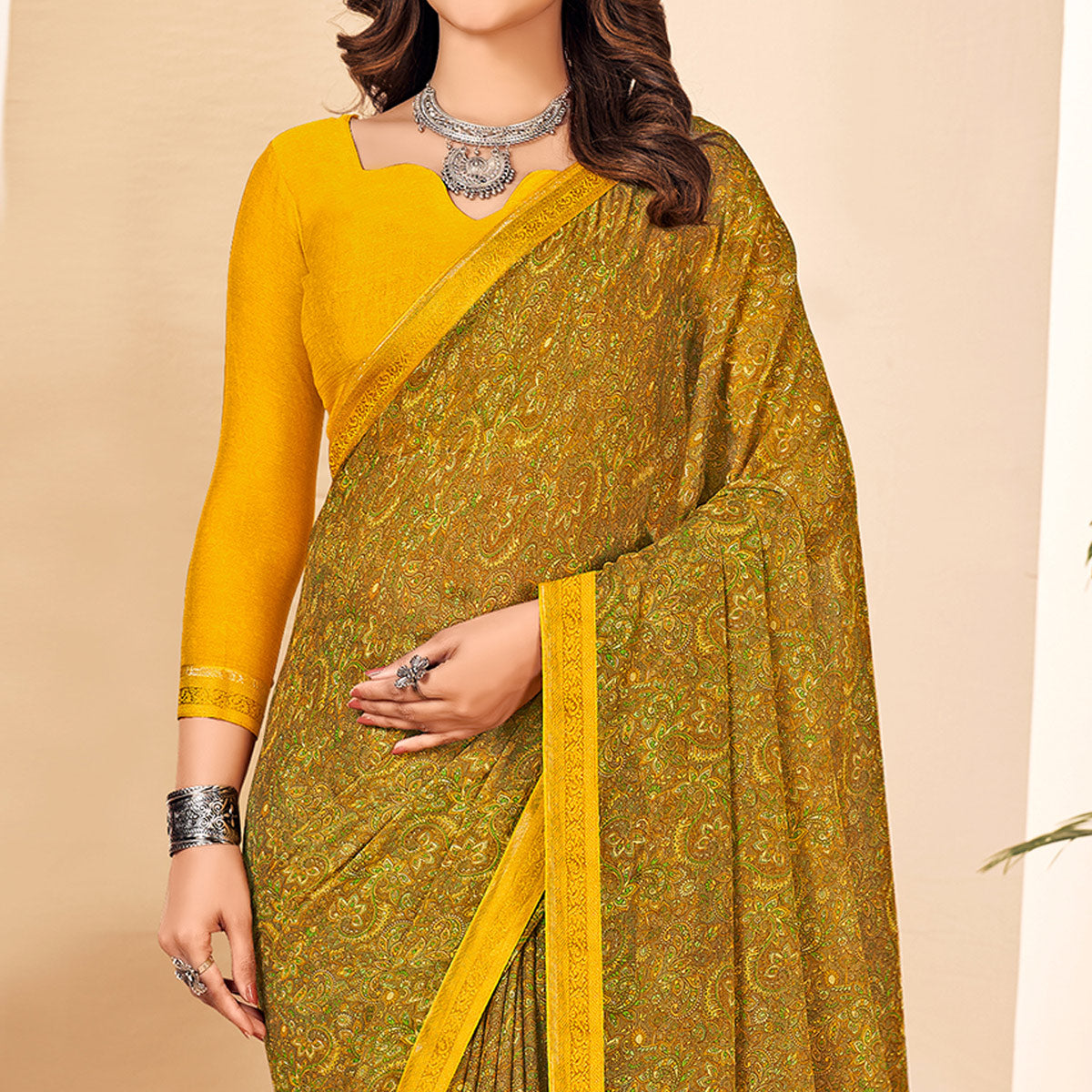 Mustard Floral Printed Chiffon Saree With Lace Border