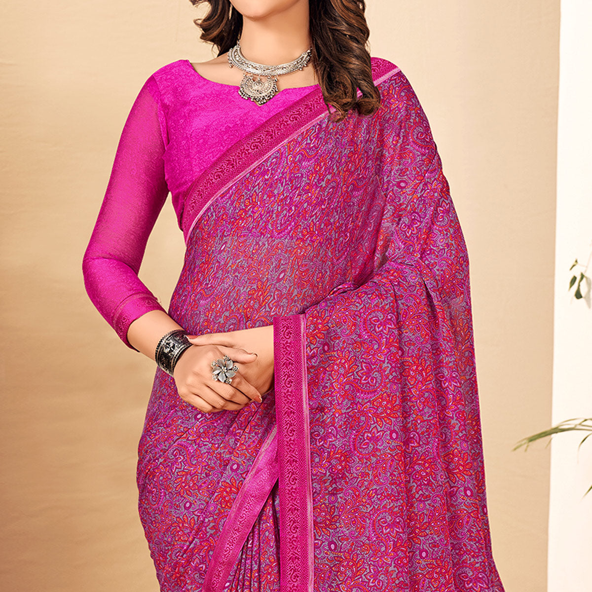 Magenta Floral Printed Chiffon Saree With Lace Border