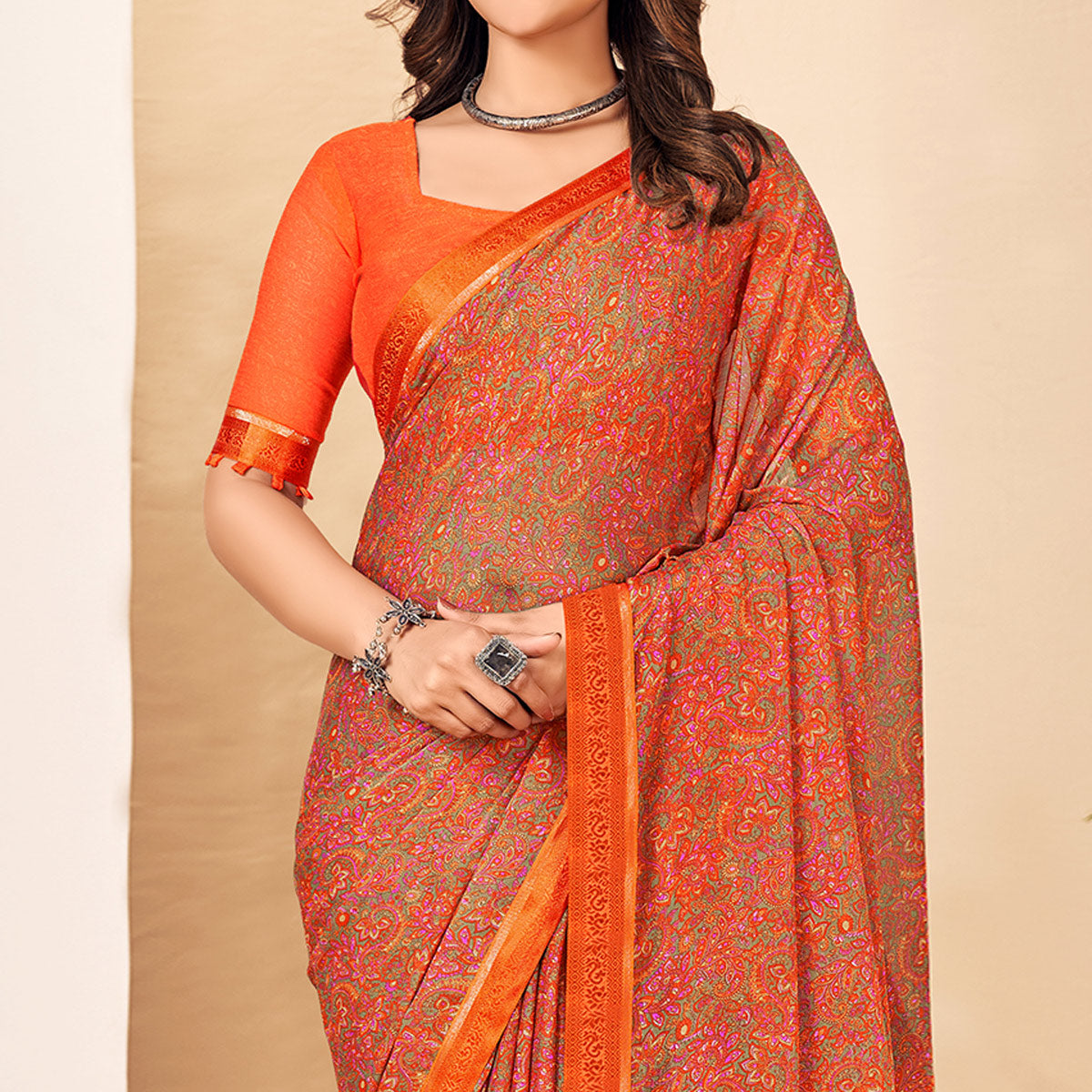 Orange Floral Printed Chiffon Saree With Lace Border