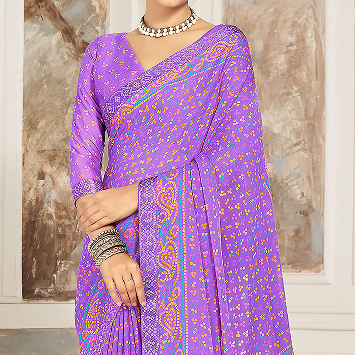 Purple Bandhani Printed Chiffon Saree