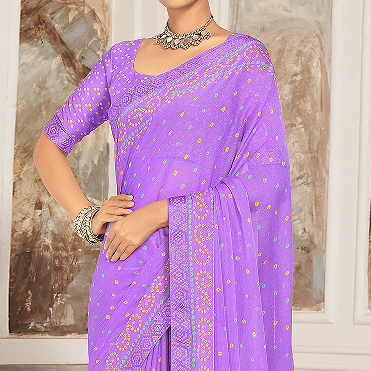 Purple Bandhani Printed Chiffon Saree