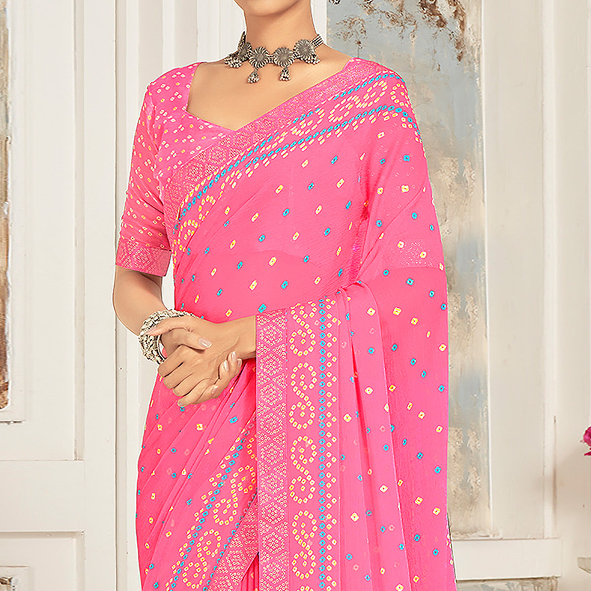 Pink Bandhani Printed Chiffon Saree