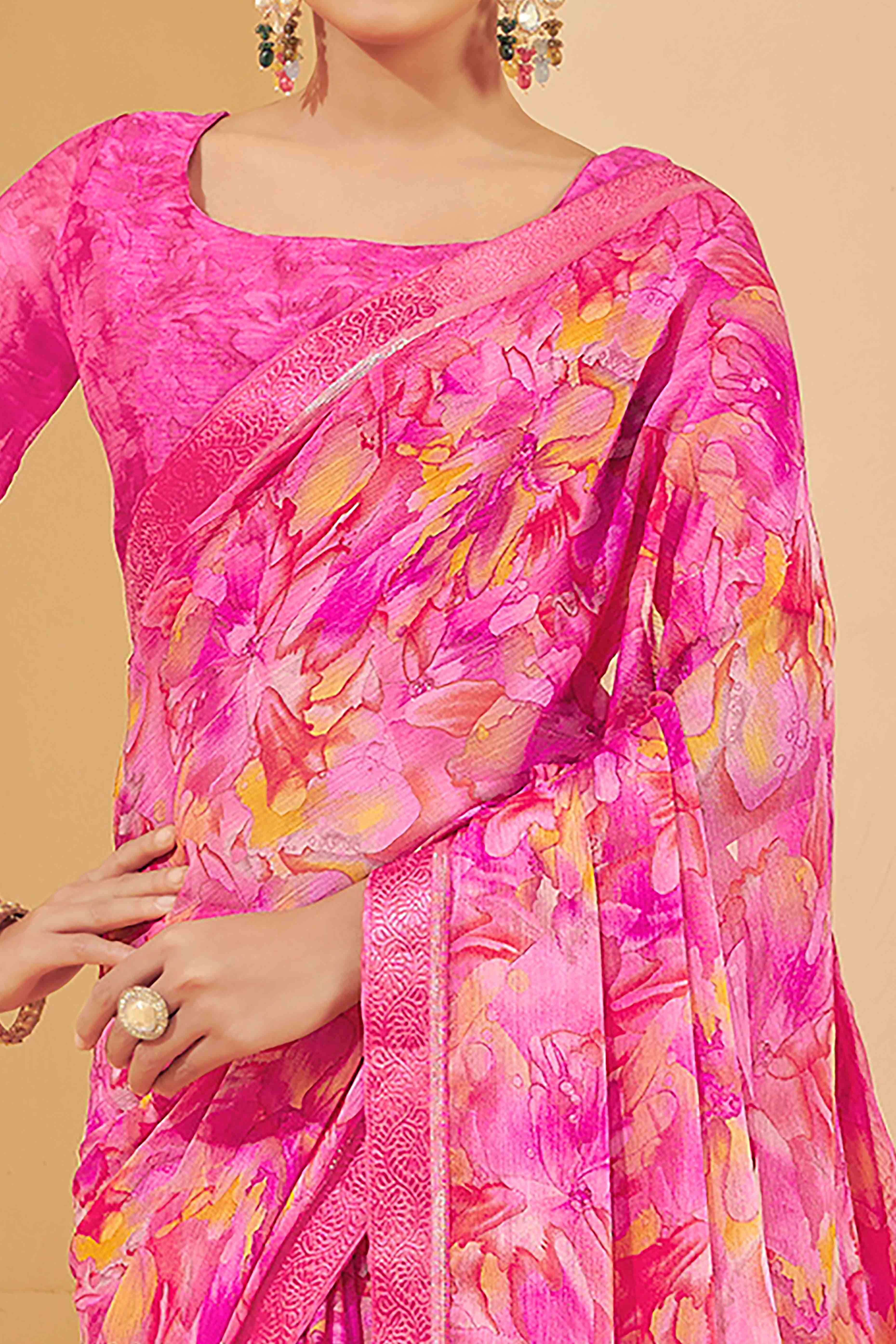 Rani Pink Chiffon Saree Adorned With Artistic Floral Print & Finely Crafted Woven Lace Border