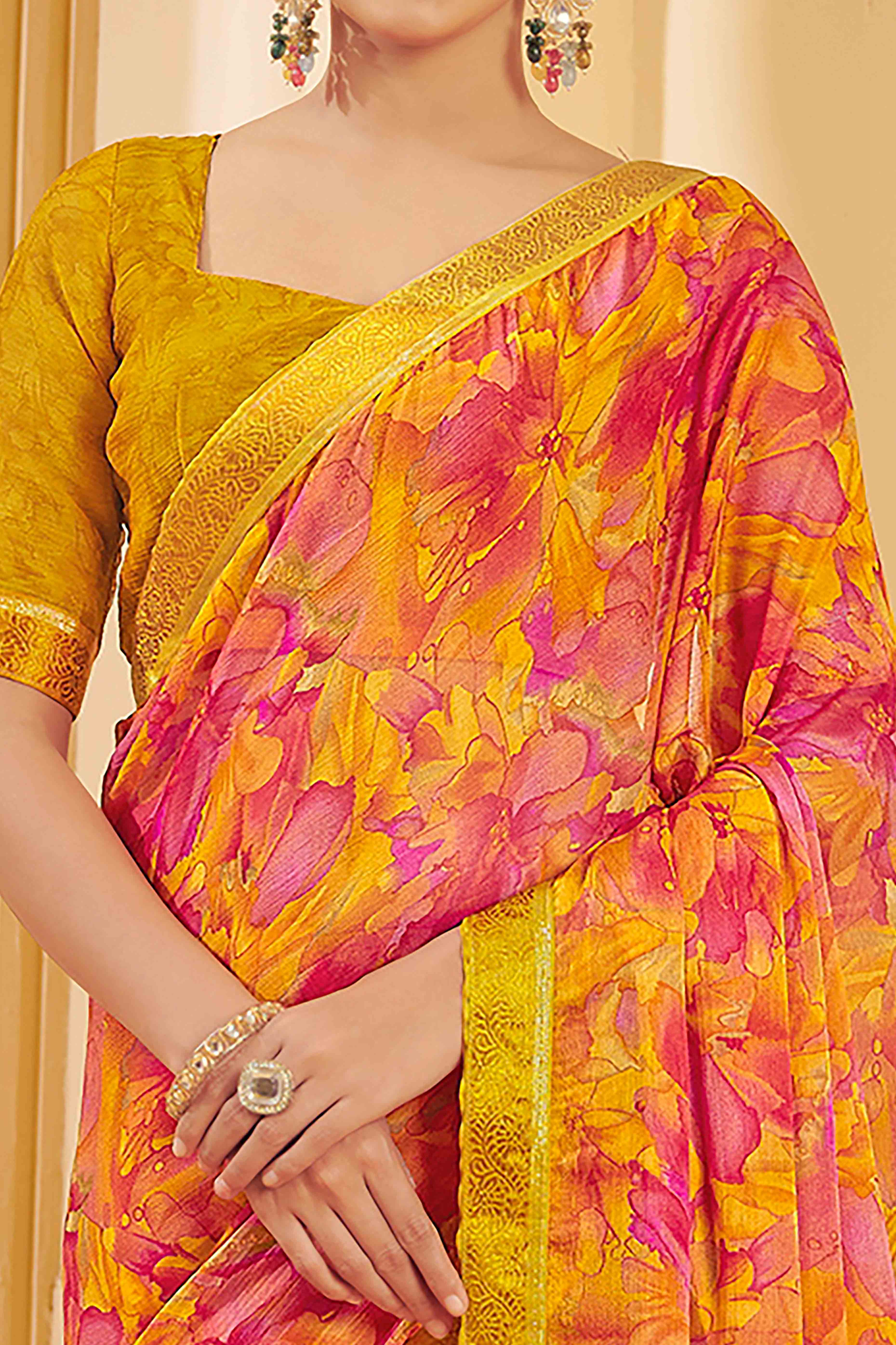 Mustard Chiffon Saree Adorned With Artistic Floral Print & Finely Crafted Woven Lace Border
