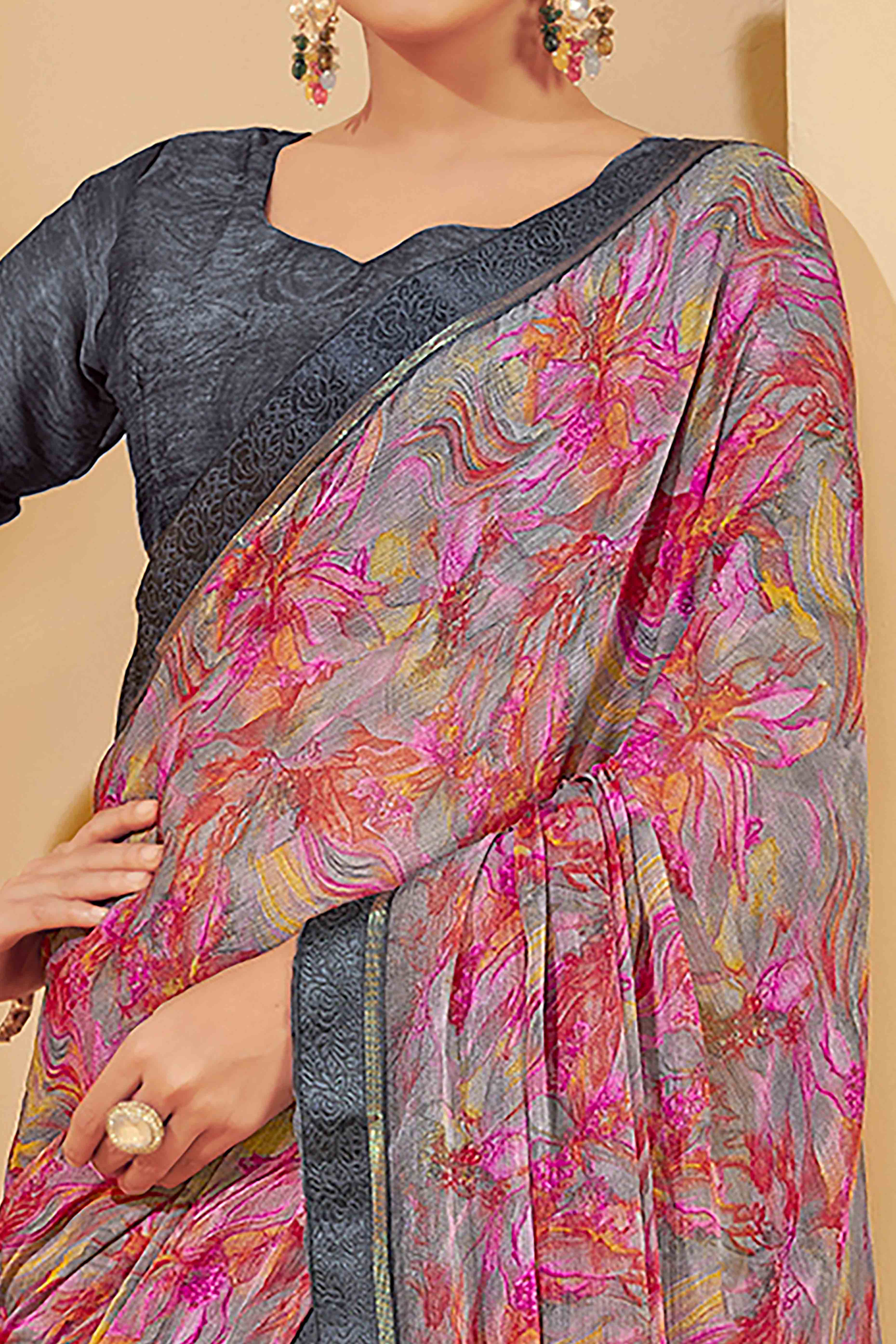 Grey Chiffon Saree Adorned With Artistic Floral Print & Finely Crafted Woven Lace Border