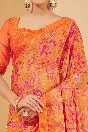 Orange Chiffon Saree Adorned With Artistic Floral Print & Finely Crafted Woven Lace Border