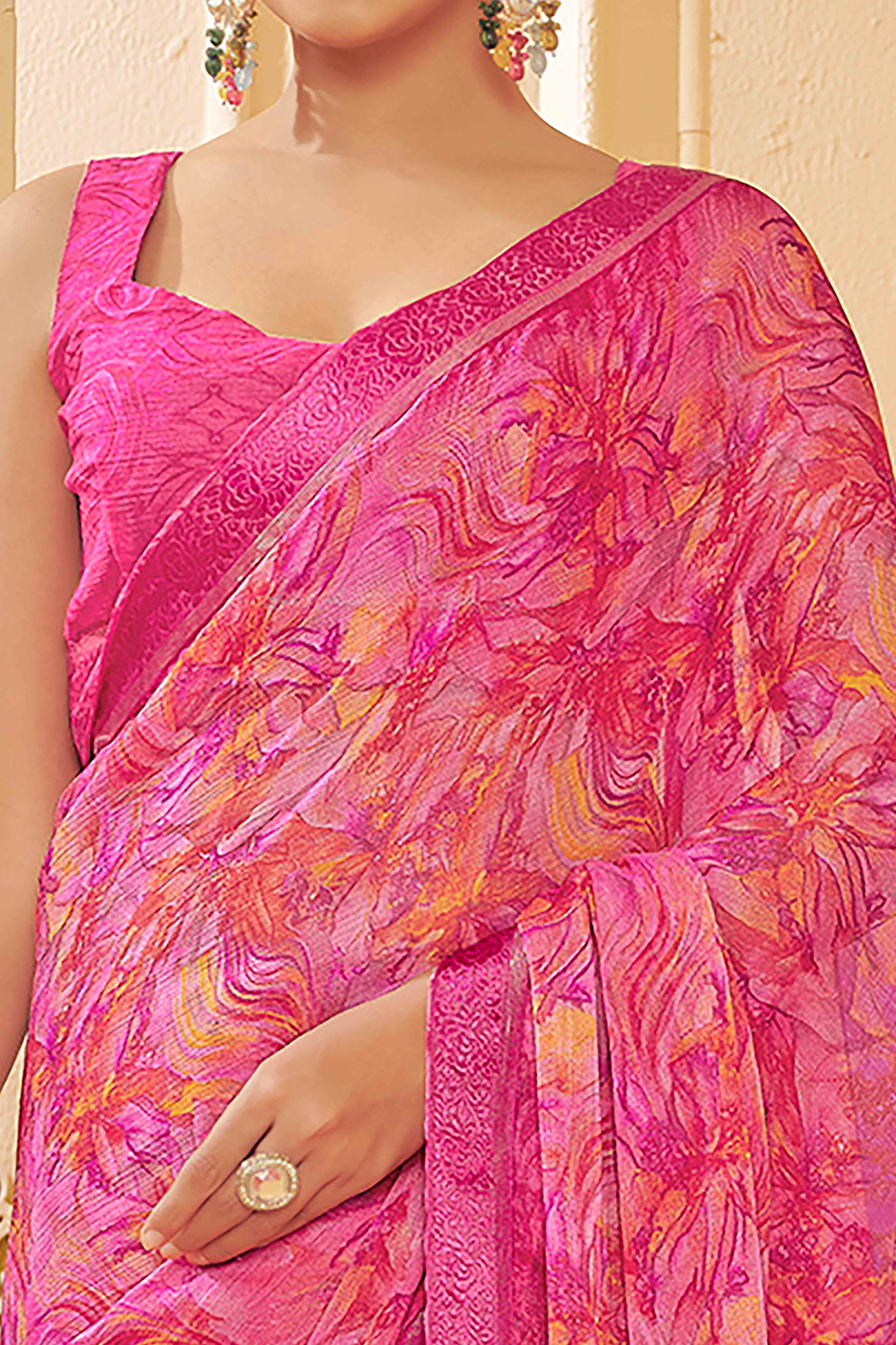 Magenta Chiffon Saree Adorned With Artistic Floral Print & Finely Crafted Woven Lace Border