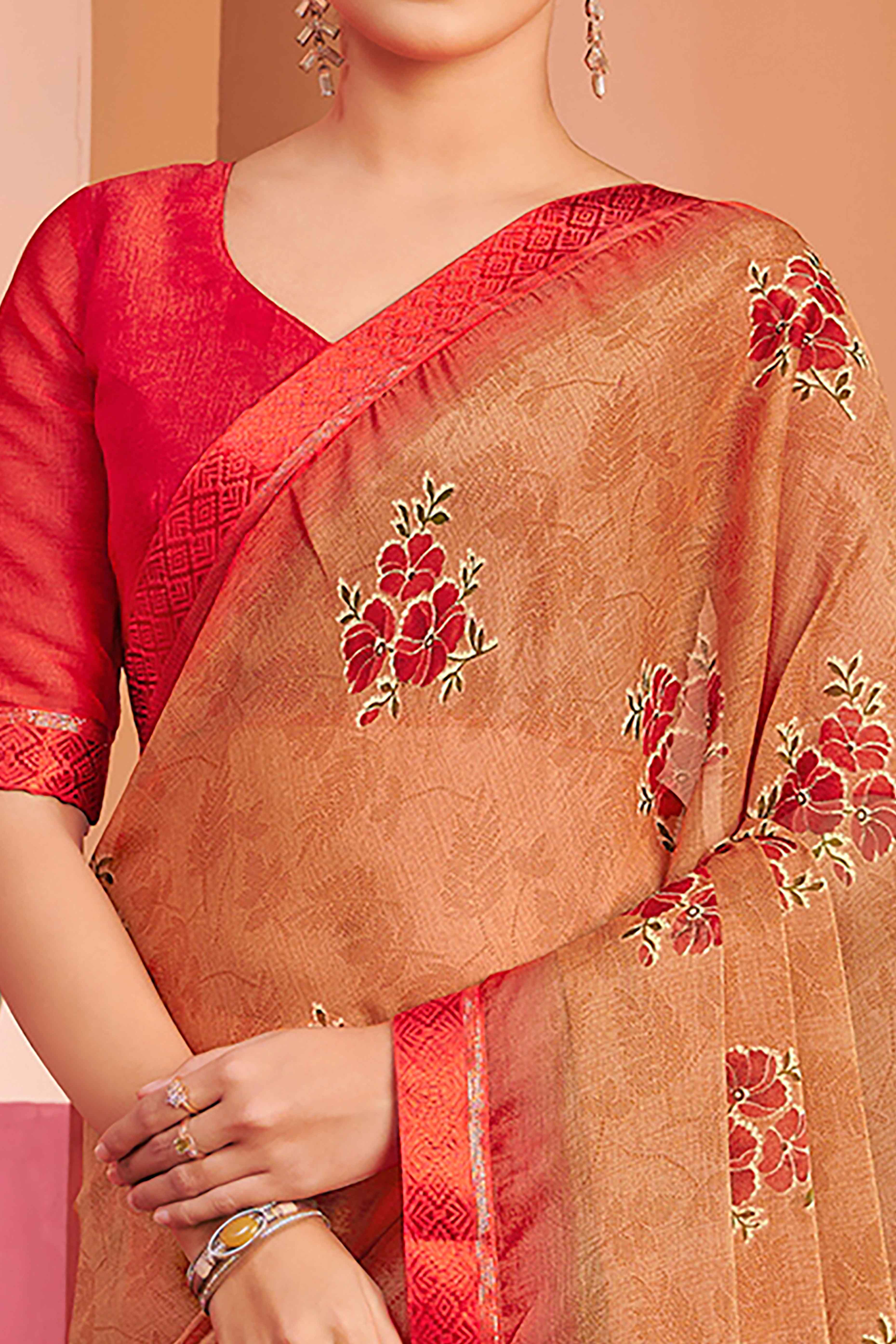 Light Brown Chiffon Saree Featuring Delicate Floral Prints & A Graceful Lace Border