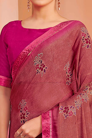 Mauve Chiffon Saree Featuring Delicate Floral Prints & A Graceful Lace Border