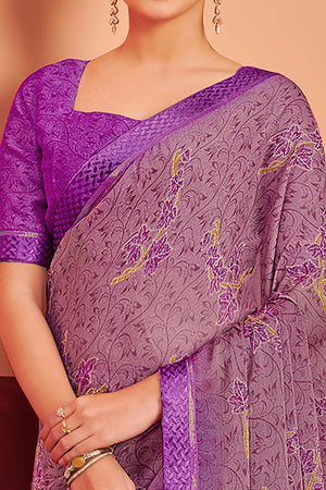 Purple Chiffon Saree Featuring Delicate Floral Prints & A Graceful Lace Border