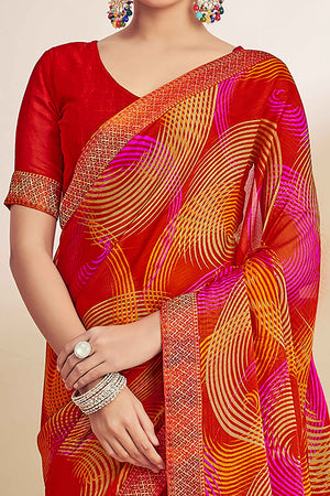 Red Chiffon Saree Adorned With Artistic Print & Finely Crafted Woven Lace Border