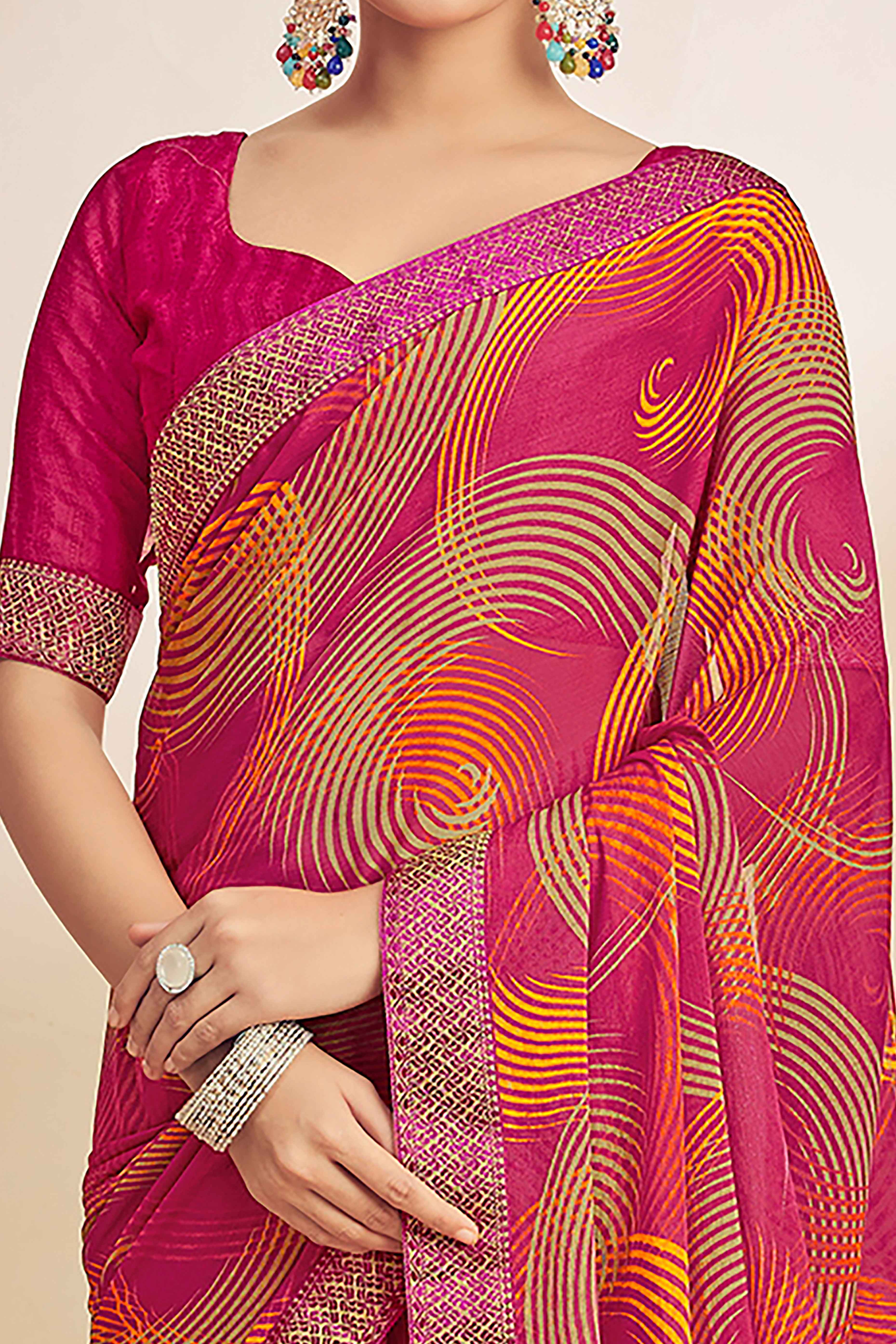 Rose pink Chiffon Saree Adorned With Artistic Print & Finely Crafted Woven Lace Border