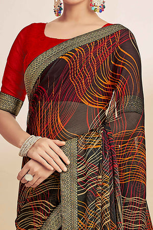 Black Chiffon Saree Adorned With Artistic Print & Finely Crafted Woven Lace Border