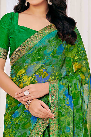 Green Chiffon Saree with Tie-Dye Abstract Print & Lace Work With Lace Work