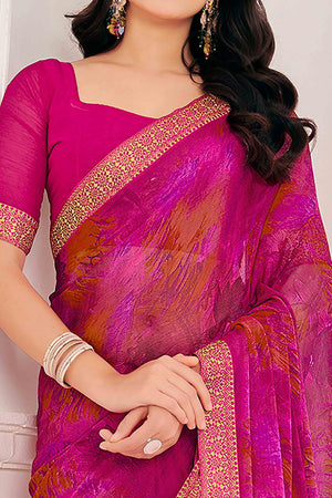 Magenta Chiffon Saree with Tie-Dye Abstract Print & Lace Work With Lace Work