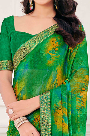 Green Chiffon Saree with Tie-Dye Abstract Print & Lace Work With Lace Work