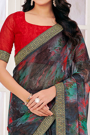 Grey Chiffon Saree with Tie-Dye Abstract Print & Lace Work With Lace Work