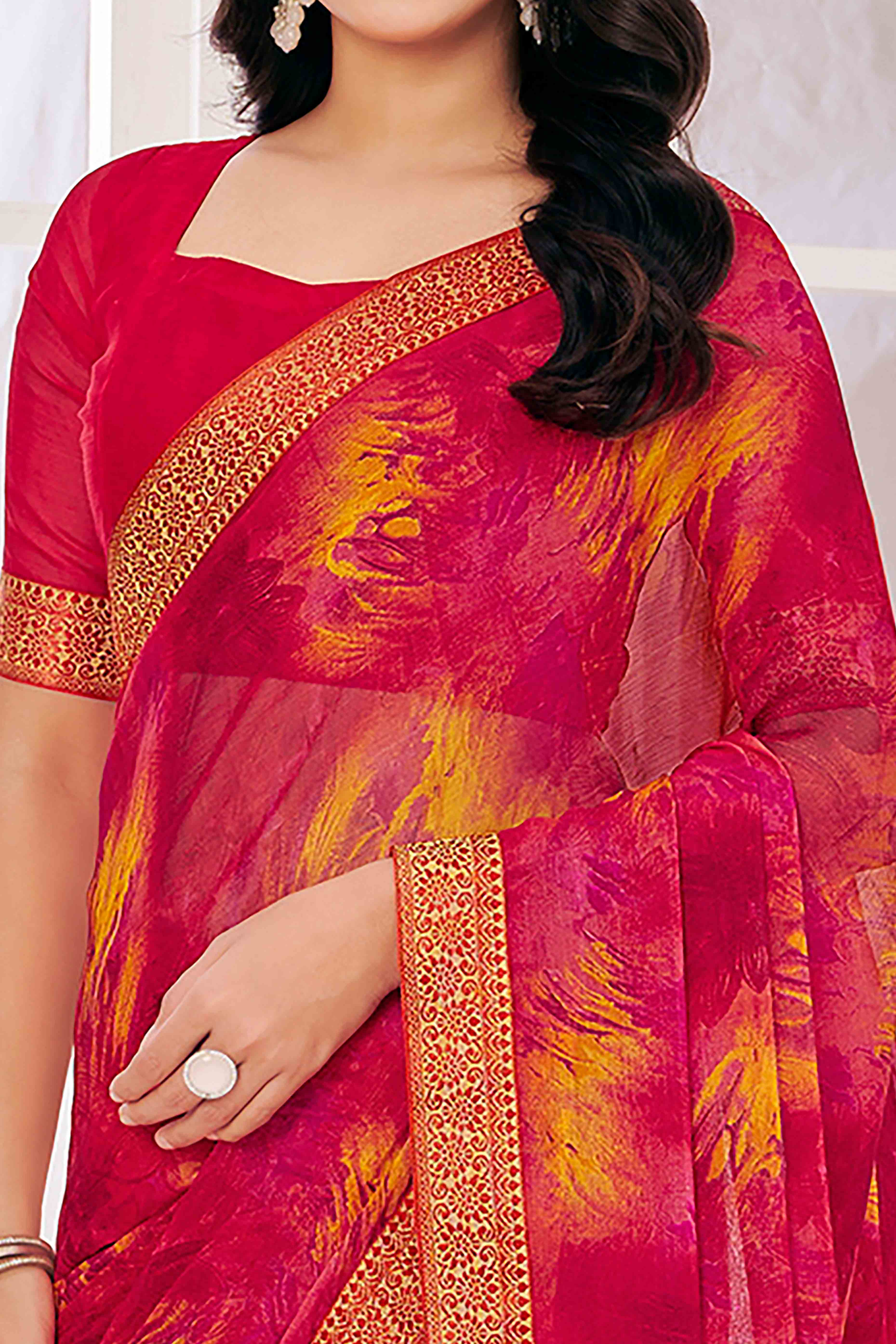 Pink Chiffon Saree with Tie-Dye Abstract Print & Lace Work With Lace Work