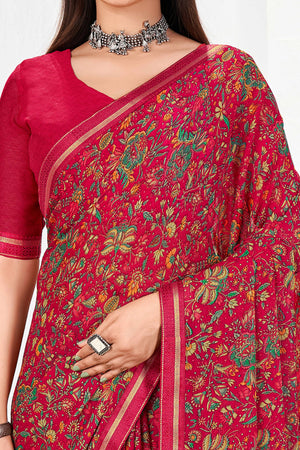 Elegant Floral Printed Chiffon Saree In Reddish Pink With Delicate Lace Border