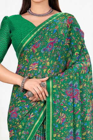 Majestic Floral Printed Chiffon Saree In Green With Delicate Lace Border
