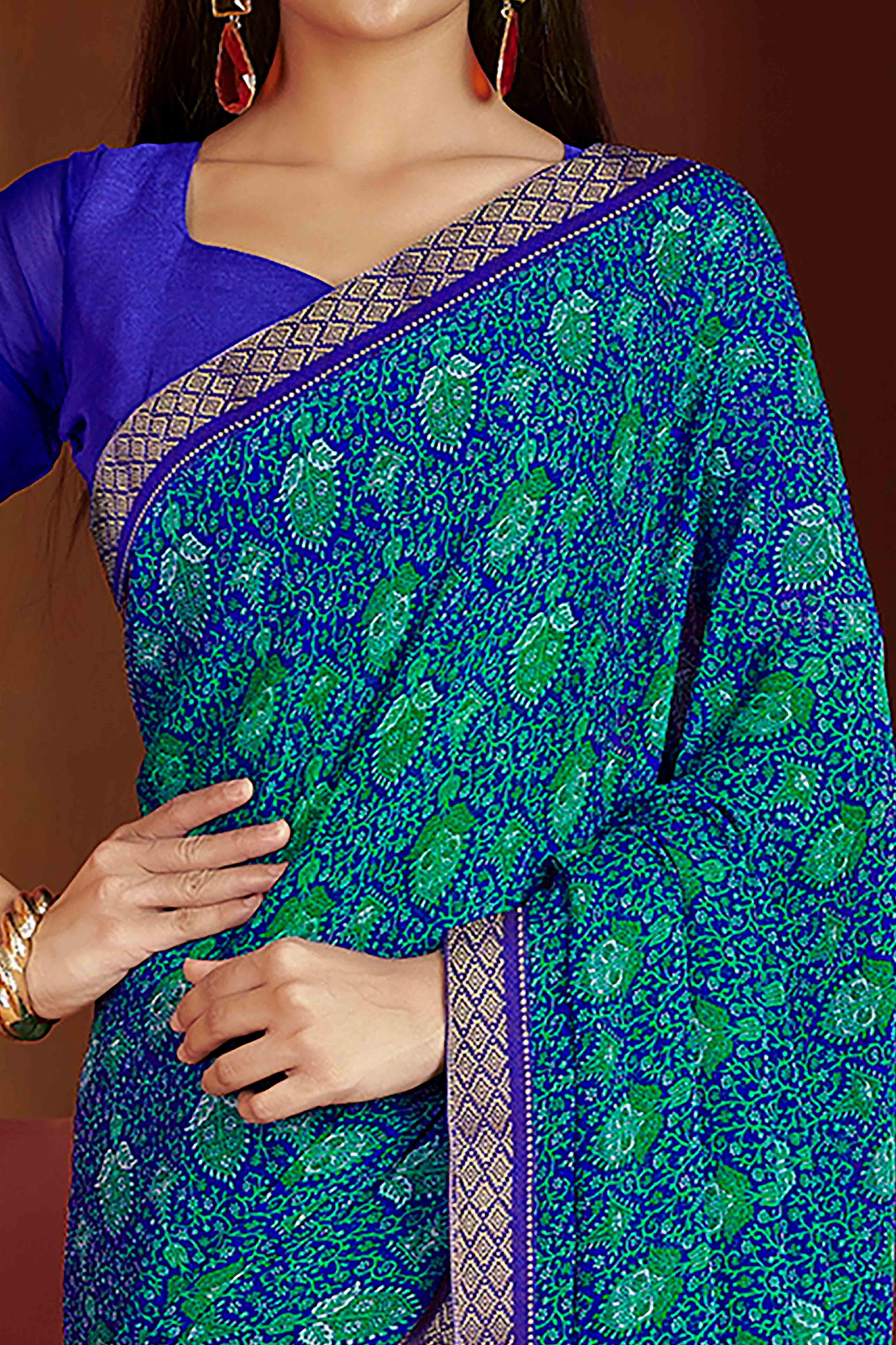 Floral Printed Chiffon Saree in Blue with Elegant Lace Work for Casual Occasions