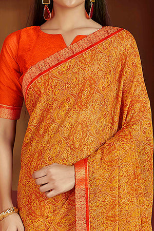 Floral Printed Chiffon Saree in Mustard with Elegant Lace Work for Casual Occasions