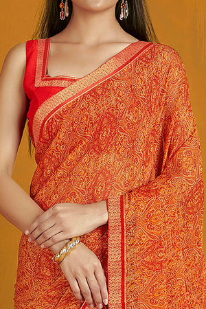 Floral Printed Chiffon Saree in Orange with Elegant Lace Work for Casual Occasions