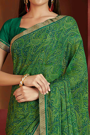 Floral Printed Chiffon Saree in Green with Elegant Lace Work for Casual Occasions