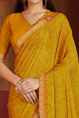 Floral Printed Chiffon Saree in Mustard with Elegant Lace Work for Casual Occasions
