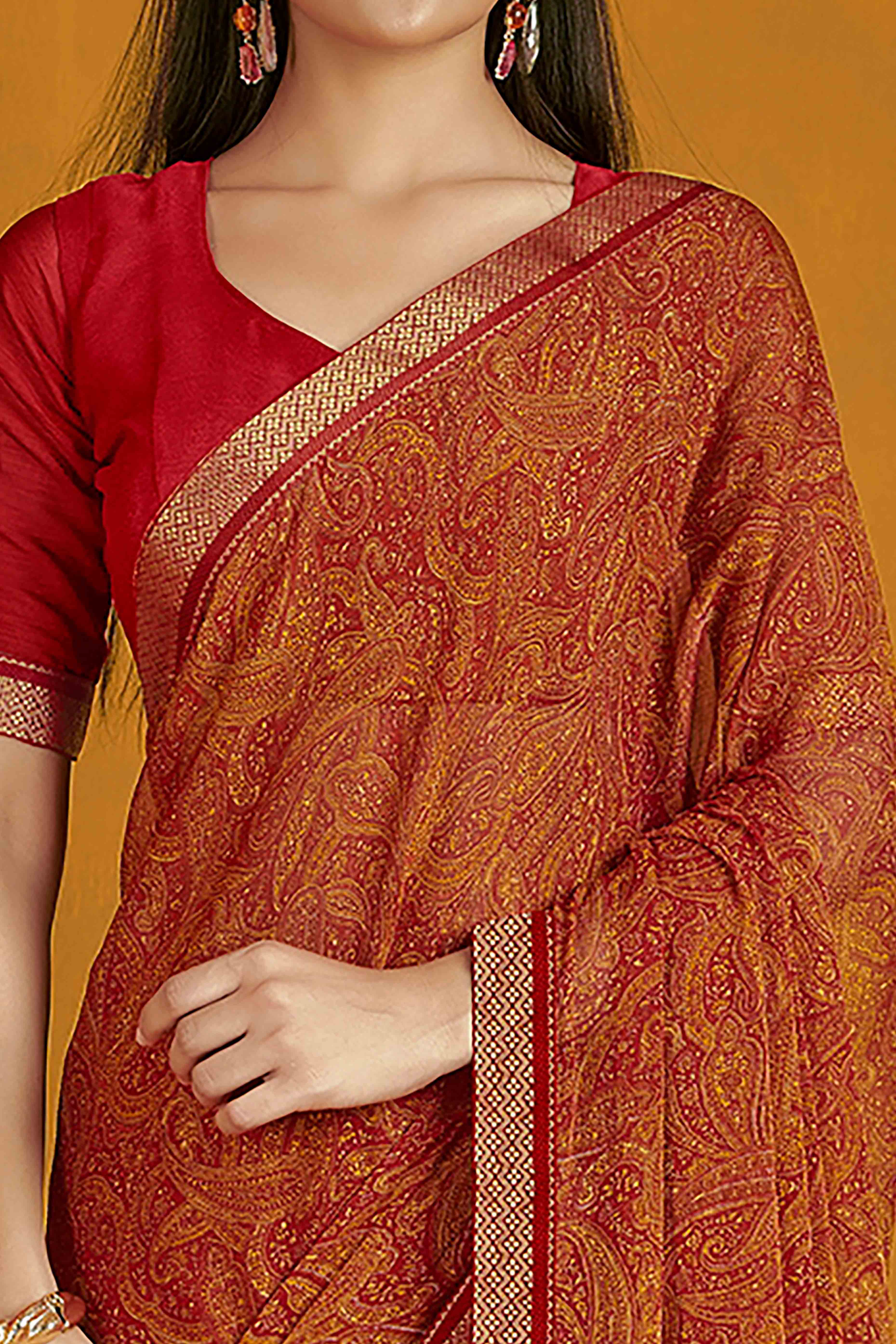 Floral Printed Chiffon Saree in Rust Orange with Elegant Lace Work for Casual Occasions