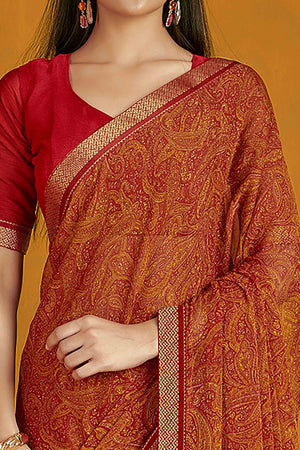 Floral Printed Chiffon Saree in Rust Orange with Elegant Lace Work for Casual Occasions