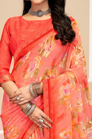 Elegant Floral Printed Chiffon Saree In Salmon Pink with Delicate Woven Lace Border