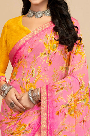 Refreshing Floral Printed Chiffon Saree In Pink with Delicate Woven Lace Border