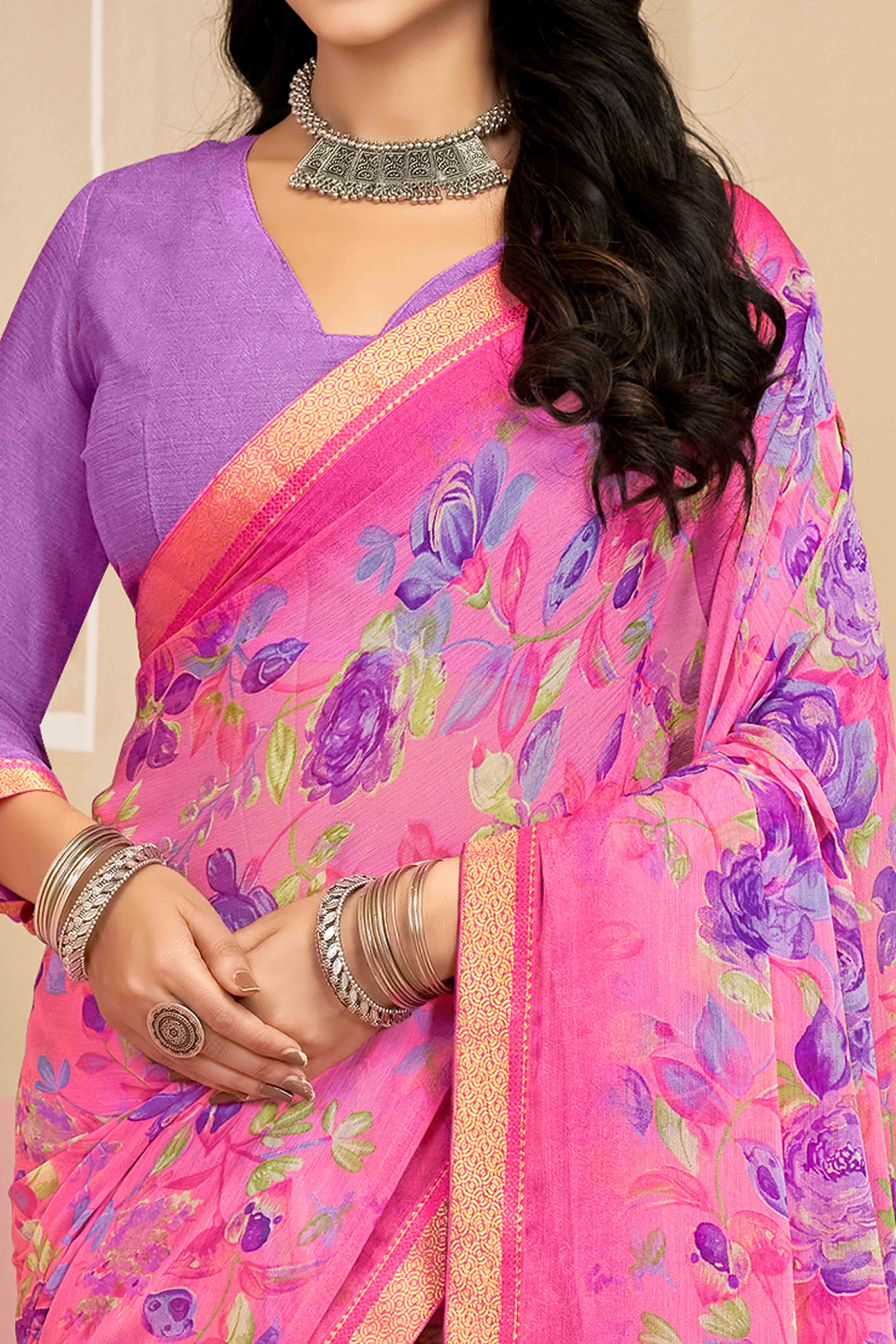 Dazzling Floral Printed Chiffon Saree In Pink with Delicate Woven Lace Border