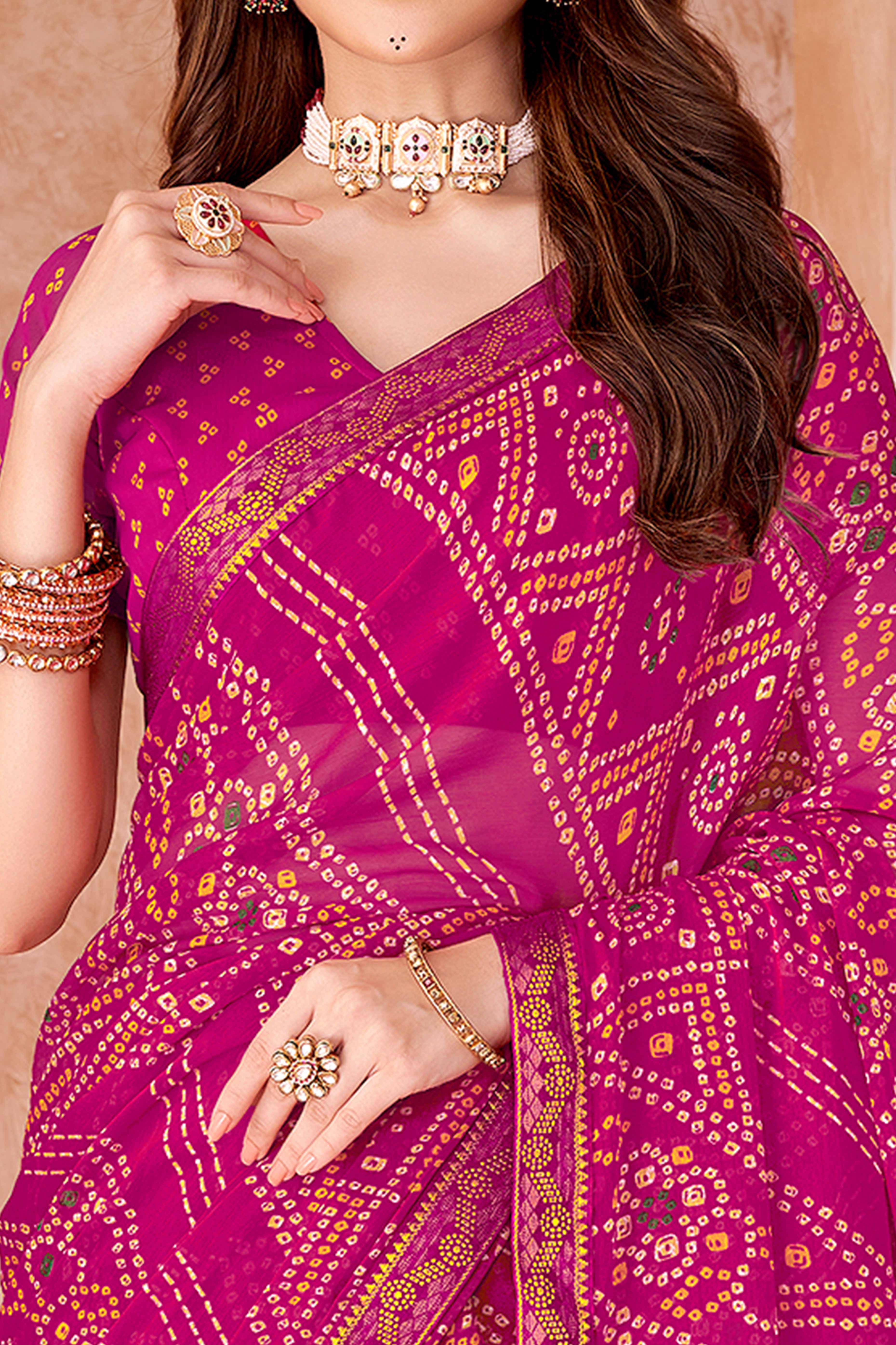 Magenta Chiffon Saree Featuring Traditional Bandhani Prints & A Graceful Lace Edge