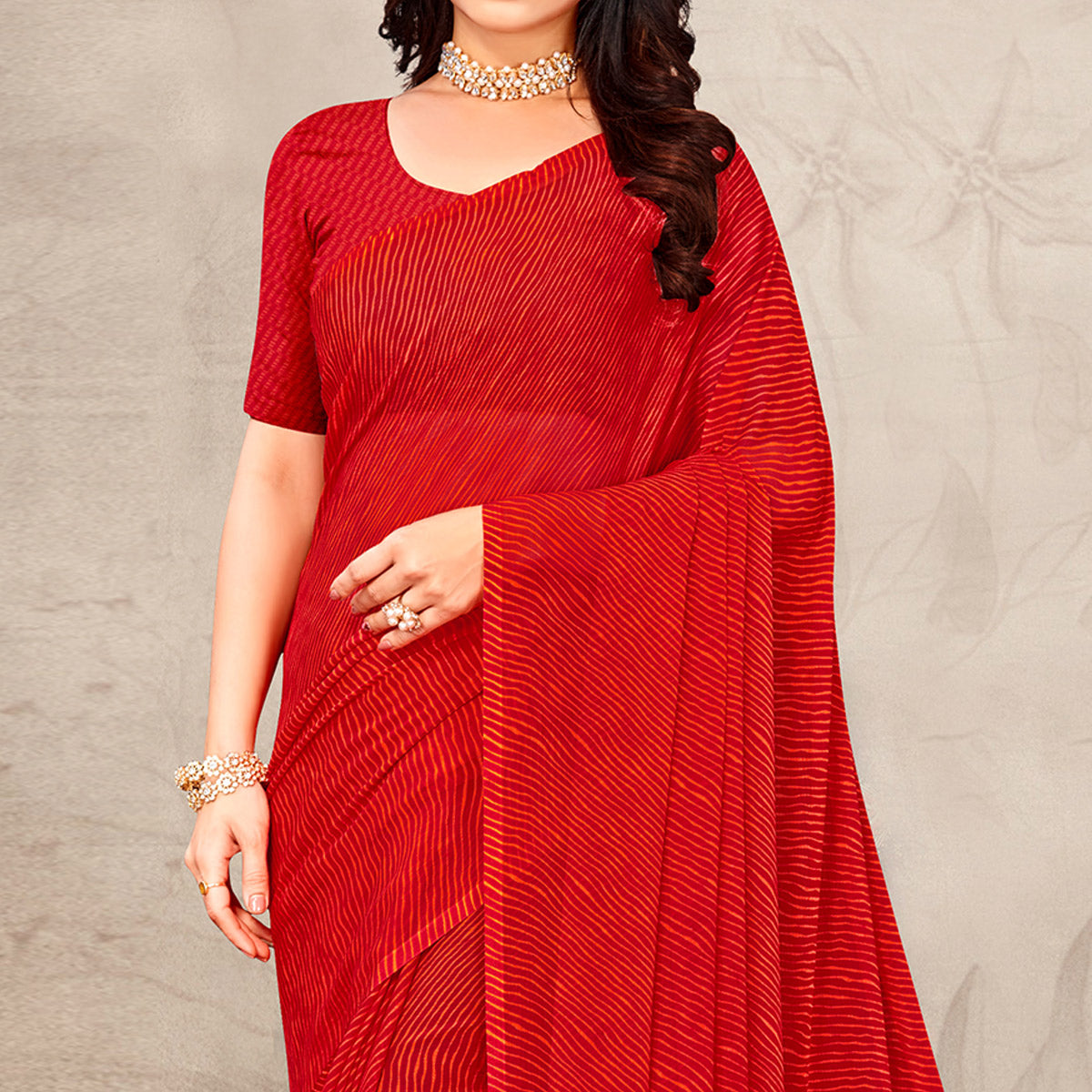 Red Printed Chiffon Saree