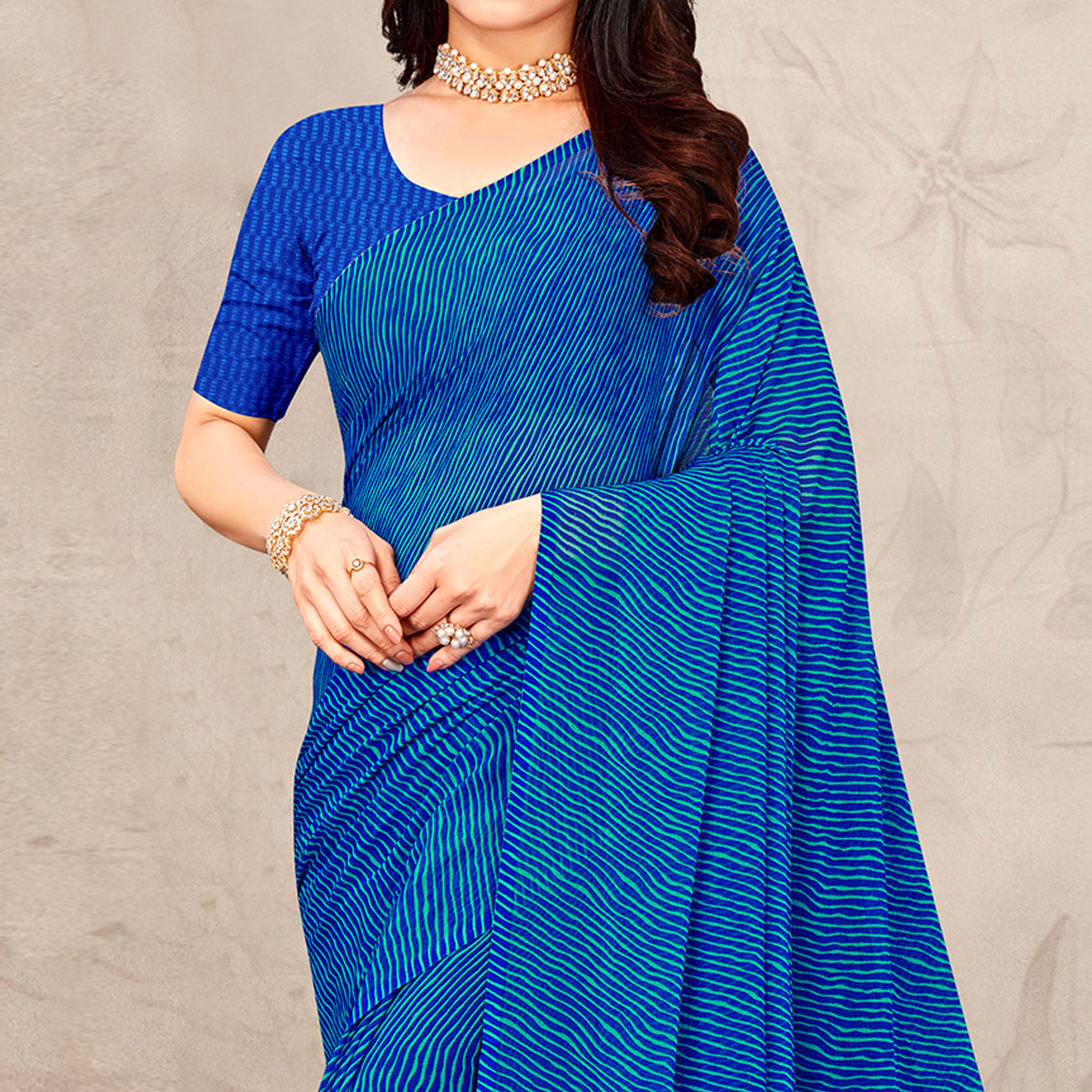 Blue Printed Chiffon Saree